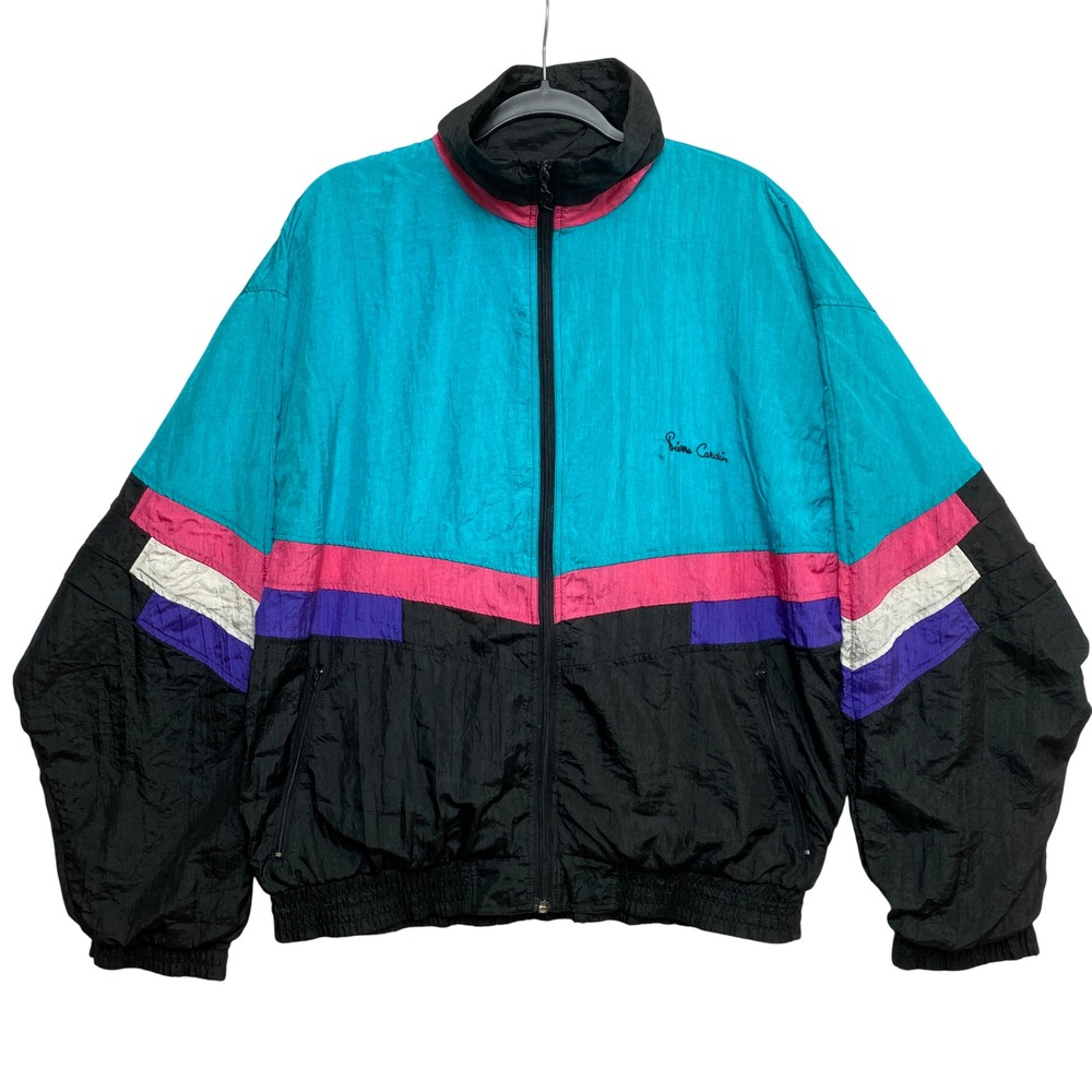 Pierre Cardin Windbreaker Mens M Teal Pink Colorblock Vintage Trilobal Zip Up